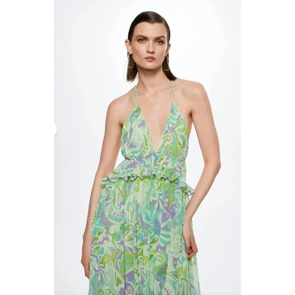 Mango Maxi Dress Chiffon Printed Ruffle Resort Boho Green A Line Medium NWT - Picture 4 of 16